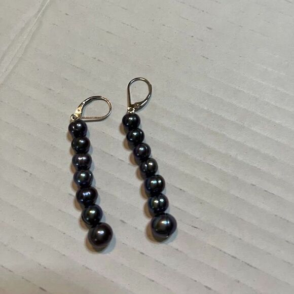 Sterling Silver Blue Overtone Tahition 7 Strand Pearl Dangle Earrings - Picture 2 of 2